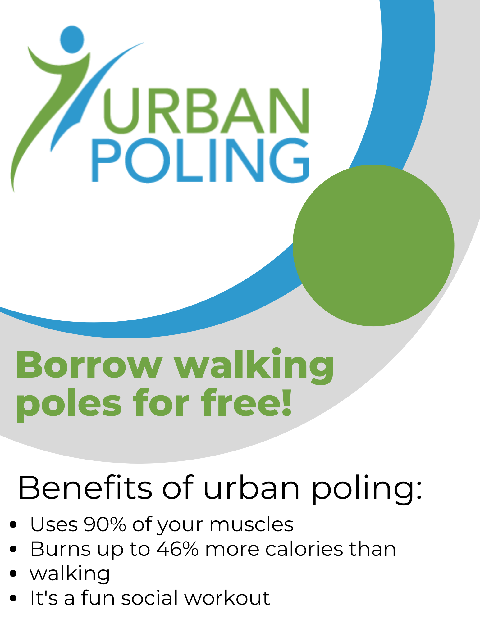 Poster indicating that you can borrow walking poles for free from the library. Benefits of urban poling are that it uses 90% of your muscles, burns up to 46% more calories than walking, and it's a fun social workout.