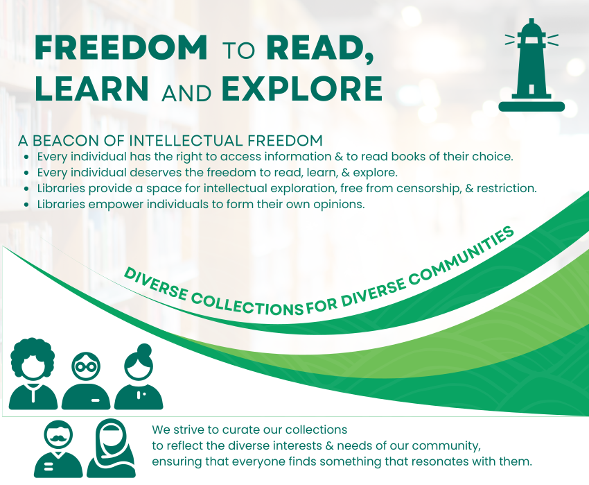 FREEDOM T O READ,
LEARN AND EXPLORE
A Beacon of Intellectual Freedom:
Every individual has the right to access information & to read books of their choice.
Every individual deserves the freedom to read, learn, & explore.
Libraries provide a space for intellectual exploration, free from censorship, & restriction.
Libraries empower individuals to form their own opinions.
Diverse collections for Diverse Communities.
We strive to curate our collections
to reflect the diverse interests & needs of our community,
ensuring that everyone finds something that resonates with them.