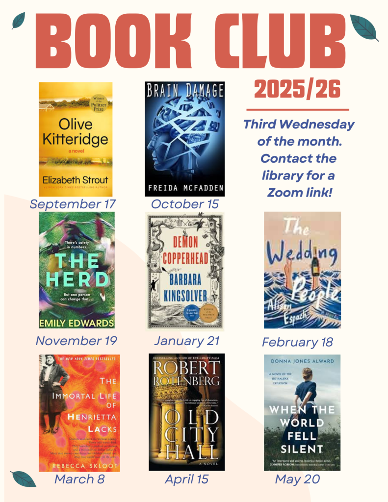 Book Club 2025-26
Third Wednesday of the month. Contact the library for a Zoom link!