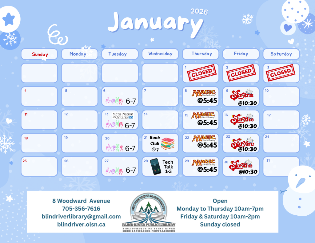 Programing for the month of January.
Call the library for more details.
