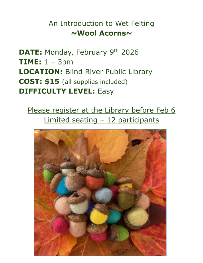 An Introduction to Wet Felting 
~Wool Acorns~

DATE: Monday, February 9th 2026
TIME: 1 – 3pm
LOCATION: Blind River Public Library
COST: $15 (all supplies included)
DIFFICULTY LEVEL: Easy

Please register at the Library before Feb 6
Limited seating – 12 participants 
