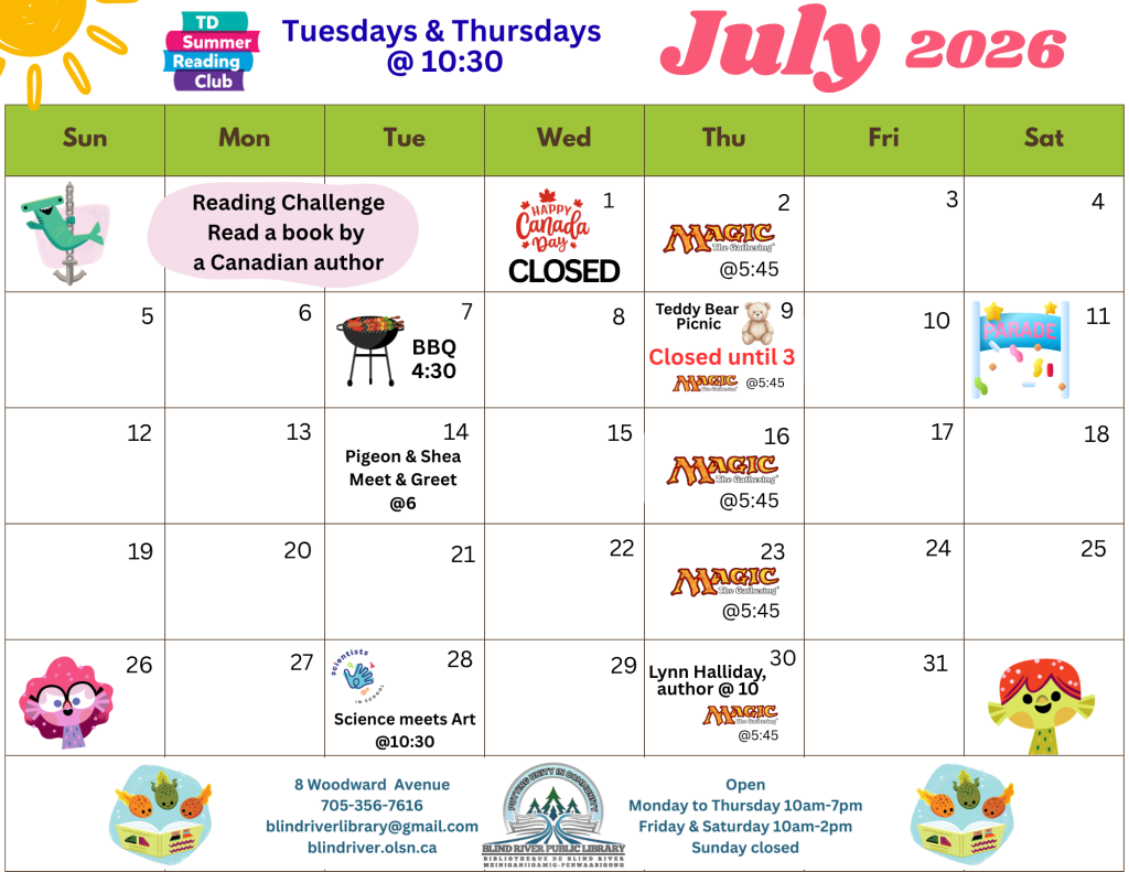 A picture July 2026 calendar of events. Call the library for more details.