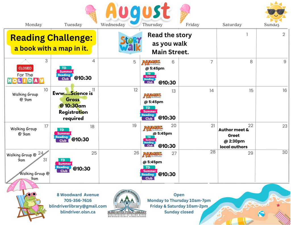 A picture August 2026 calendar of events. Call the library for more details.