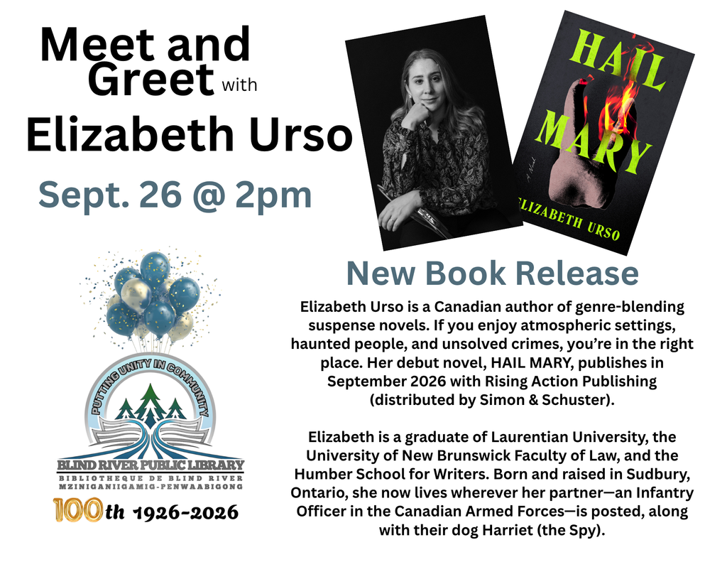 Meet and Greet with Elizbeth Urso.
September 26 at 2 pm.
Small biography of Elizabeth.