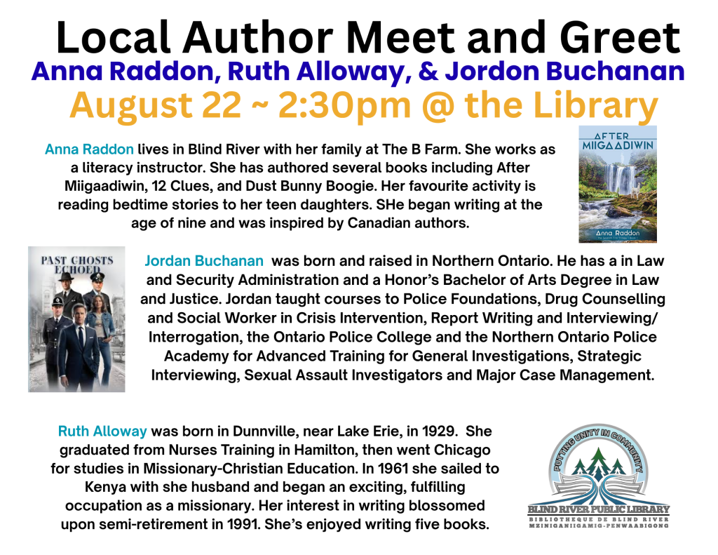 Local author meet and greet.
Anna, Raddon, Ruth Alloway and Jordan Buchanan.
August 22nd at 2:30 pm at the library