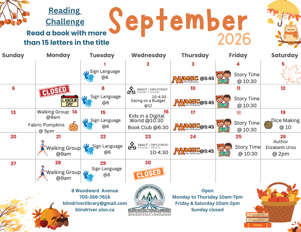 A picture September 2026 calendar of events. Call the library for more details. 705-356-7616