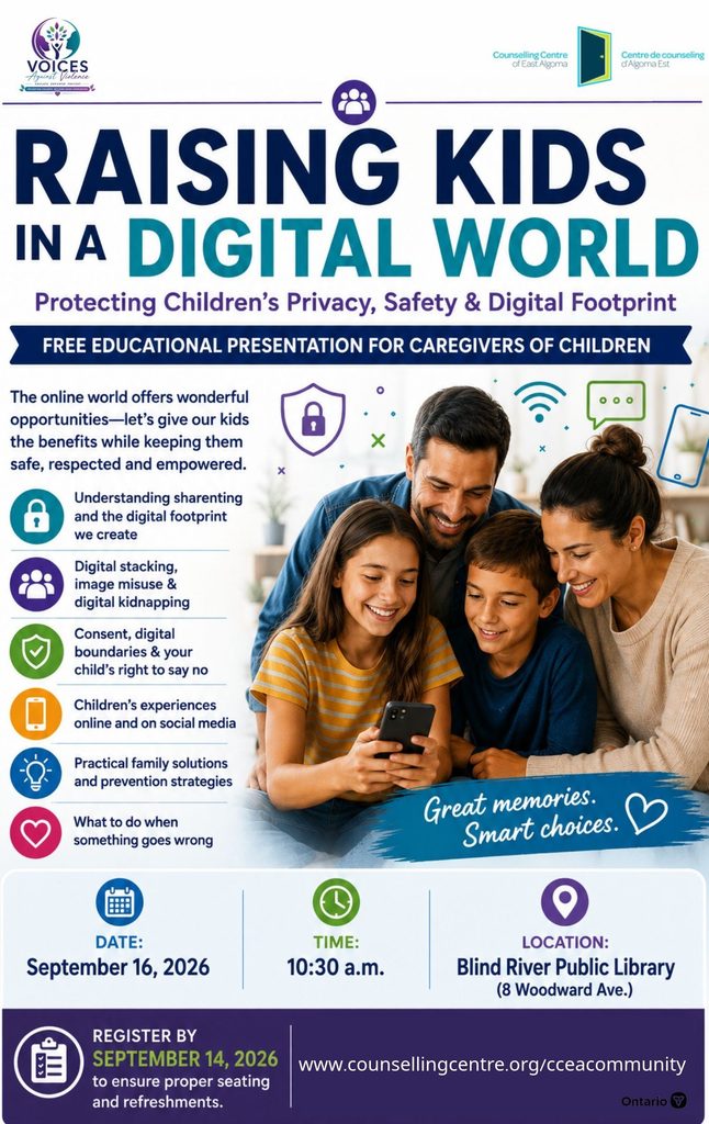 Raising kids in a Digital World.
Protecting children's privacy, safety and digital footprint.
Free educational presentation for caregivers of children.
September 16 at 10:30am. 
Register by September 14 at www.consellingcentre.org/cceacommunity.