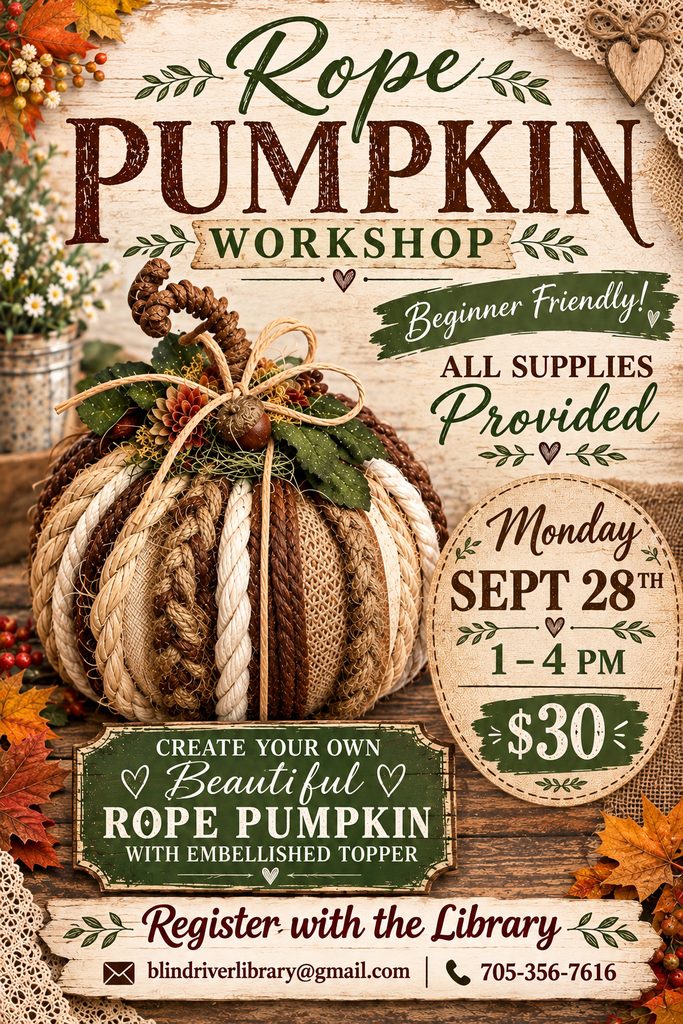 Rope pumpkin workshop 
Beginner friendly
all supplies provided
Monday September 28th from 1 pm to 4 pm $30
register at the library