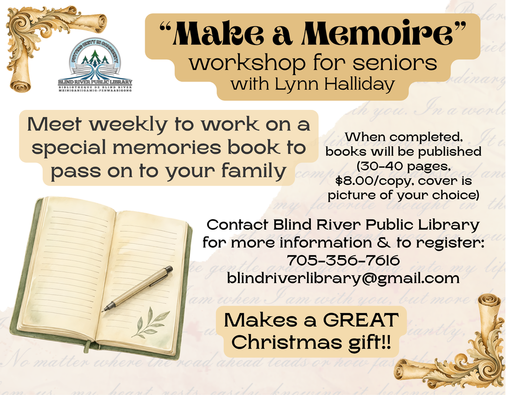 Make a Memoire workshop for seniors with Lynn Halliday. Meet weekly to work on a special memories book to pass on to your family. Contact us to register.