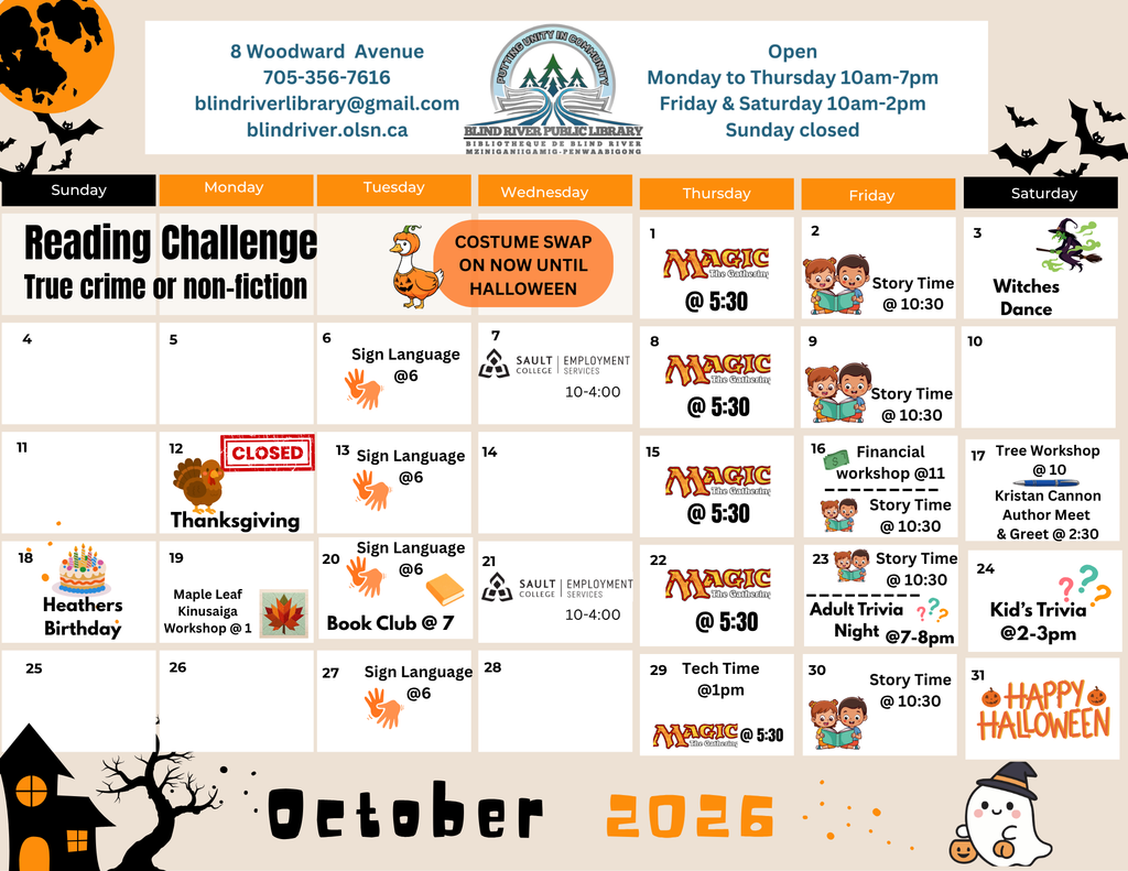 A picture October 2026 calendar of events. Call the library for more details. 705-356-7616